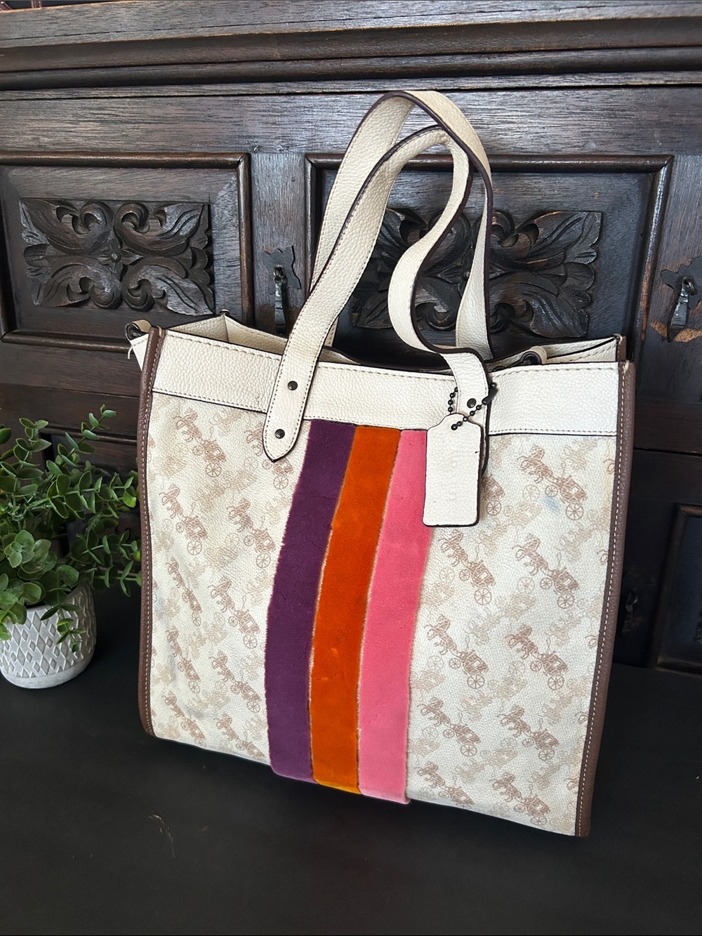 Beautiful Signature Canvas Tote with Purple, Orange & Pink Velvet Stripes